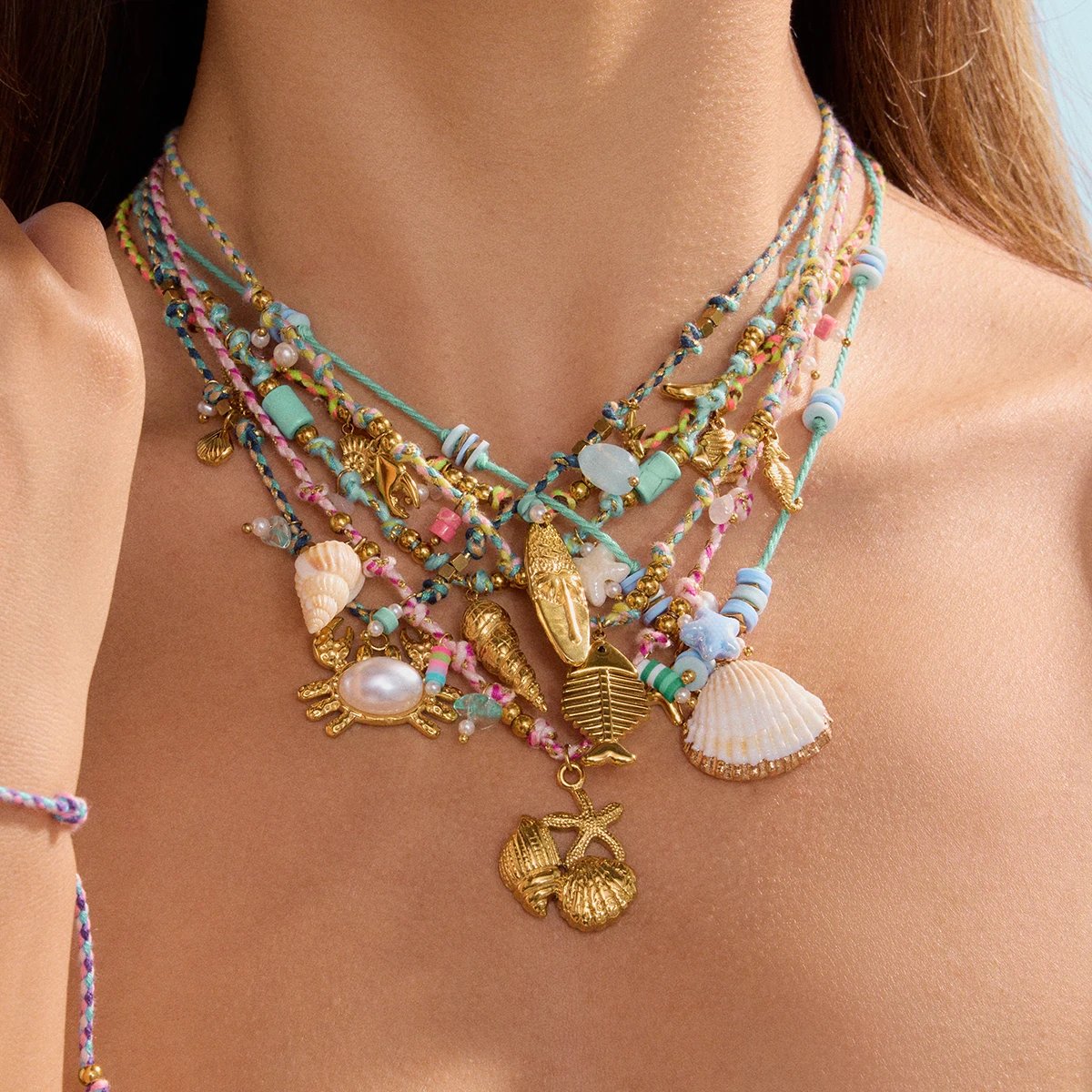 Zora – collier avec pendentif en corde colorée pour femmes, Style bohème, en acier inoxydable, avec coquillages de poisson, étoile de mer, conque, etc. pour les vacances