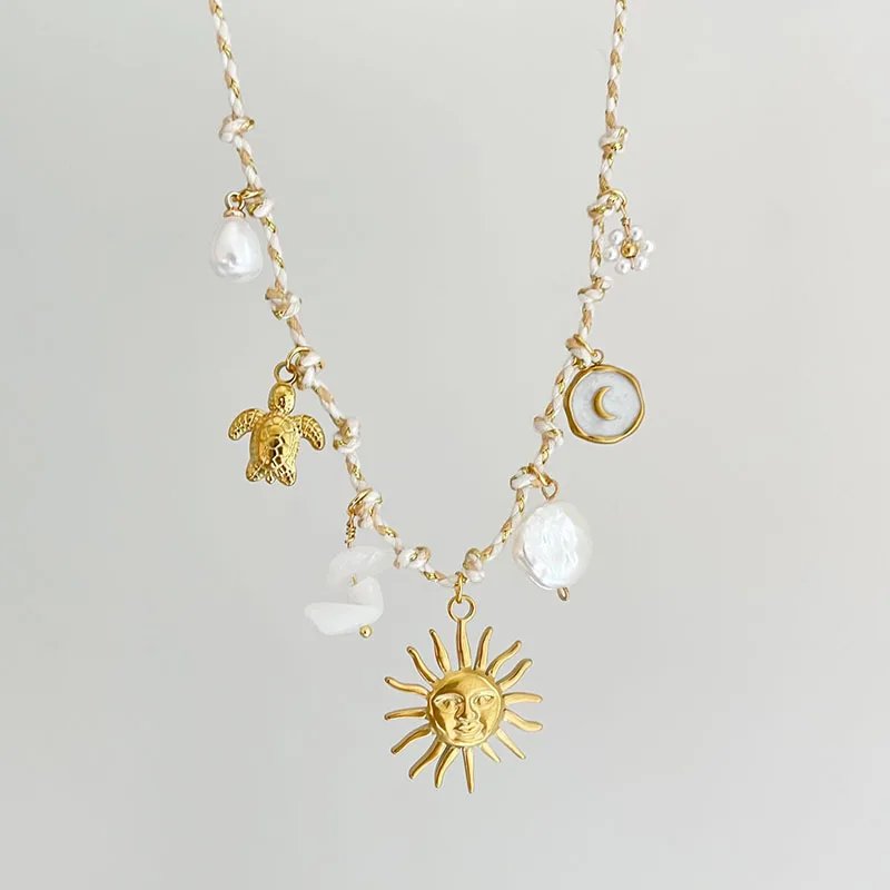 Colliers ethniques bohème avec pendentifs, coquille en acier inoxydable, soleil, corde nouée, chaîne pour femmes, bijoux de vacances à la plage