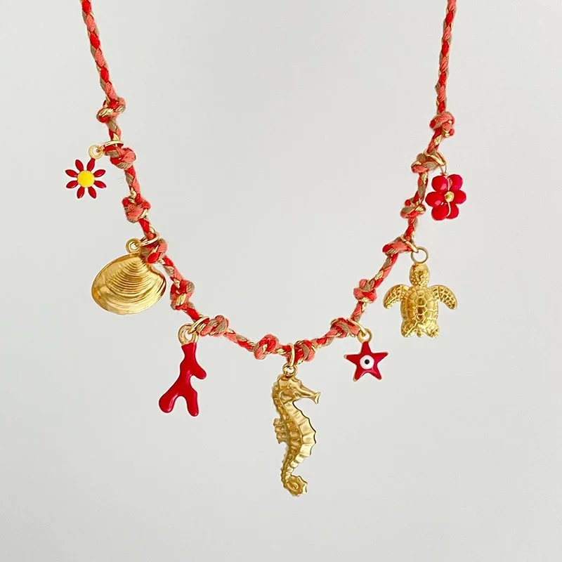 Colliers ethniques bohème avec pendentifs, coquille en acier inoxydable, soleil, corde nouée, chaîne pour femmes, bijoux de vacances à la plage