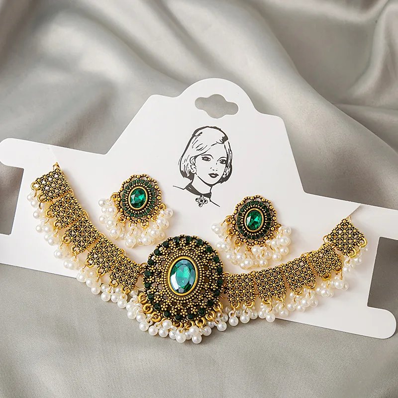 Ensembles de bijoux de mariée en cristal rétro de luxe pour femmes ethnique indien plaqué or collier de mariage boucles d'oreilles ensembles cadeau de saint valentin Ensembles de bijoux de mariée en cristal rétro de luxe pour femmes ethnique indien plaqué or collier de mariage boucles d'oreilles ensembles cadeau de saint valentin