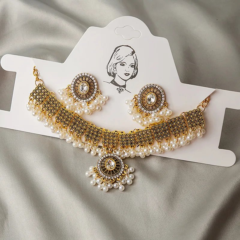 Ensembles de bijoux de mariée en cristal rétro de luxe pour femmes ethnique indien plaqué or collier de mariage boucles d'oreilles ensembles cadeau de saint valentin Ensembles de bijoux de mariée en cristal rétro de luxe pour femmes ethnique indien plaqué or collier de mariage boucles d'oreilles ensembles cadeau de saint valentin