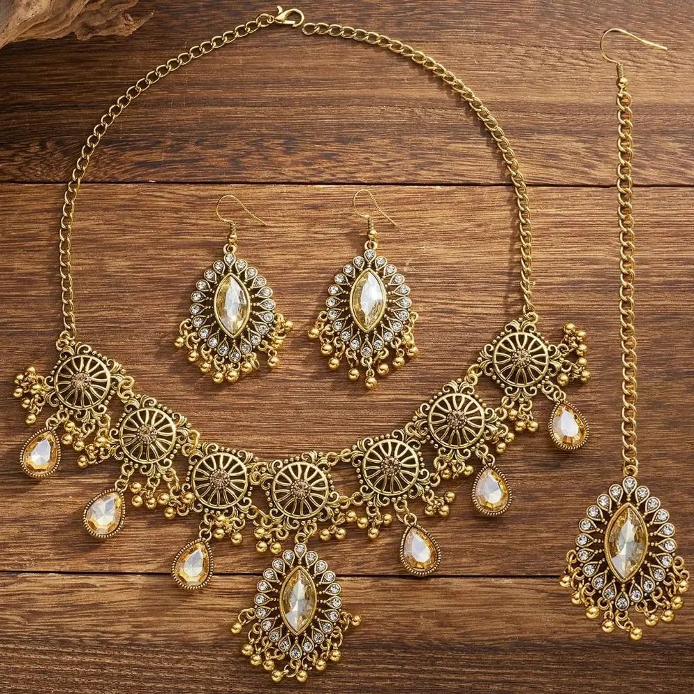 Ensemble de bijoux avec pendentif goutte d'eau, pompon ajouré, strass incrustés, ensemble de bijoux pour femmes, Style ethnique exagéré