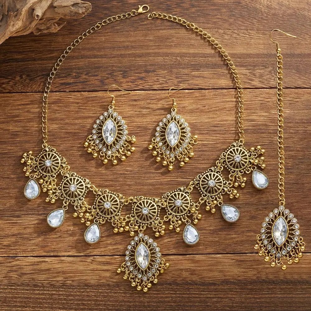Ensemble de bijoux avec pendentif goutte d'eau, pompon ajouré, strass incrustés, ensemble de bijoux pour femmes, Style ethnique exagéré