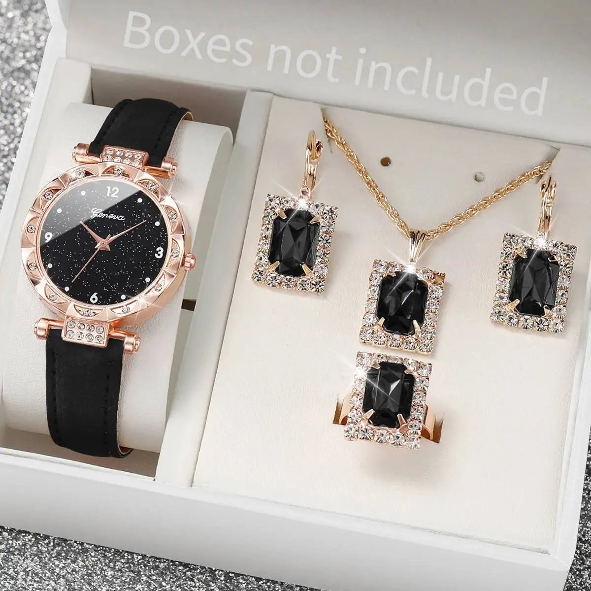 Montre à quartz avec bracelet en cuir pour femme, biscuits, ensemble de bijoux en diamant, montres pour femme, mode, sans boîte, 5 pièces par ensemble