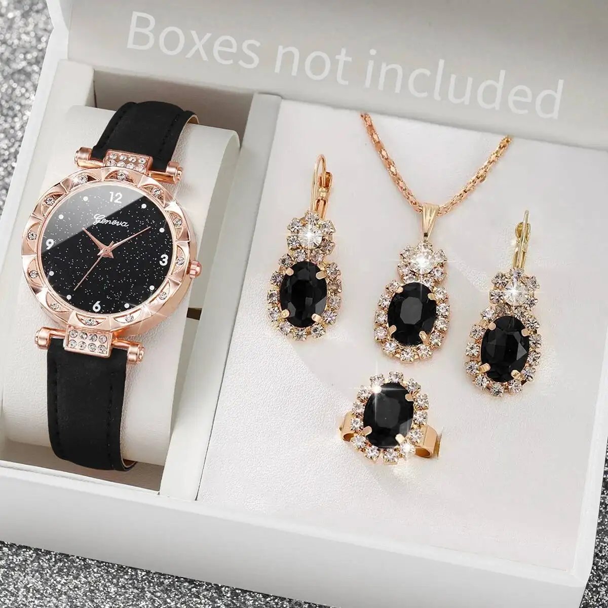 Montre à quartz avec bracelet en cuir pour femme, biscuits, ensemble de bijoux en diamant, montres pour femme, mode, sans boîte, 5 pièces par ensemble