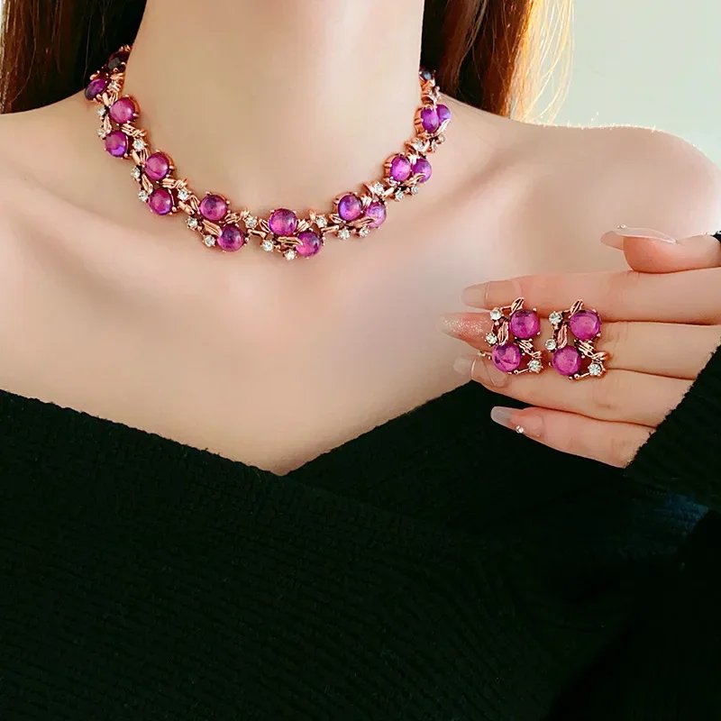 1/3 pièces Vintage violet rouge strass collier boucles d'oreilles Bracelet ensemble feuille fleur collier en métal pour les femmes ensembles de bijoux exquis