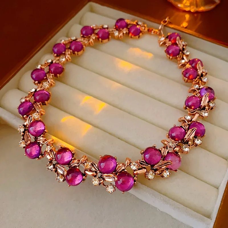 1/3 pièces Vintage violet rouge strass collier boucles d'oreilles Bracelet ensemble feuille fleur collier en métal pour les femmes ensembles de bijoux exquis