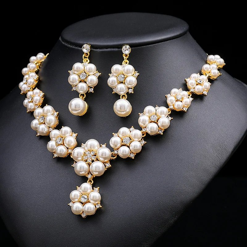 Ensemble de bijoux en alliage, 3 pièces, collier de perles réglables, boucles d'oreilles, bijoux de fête de mariage, vêtements quotidiens pour dames