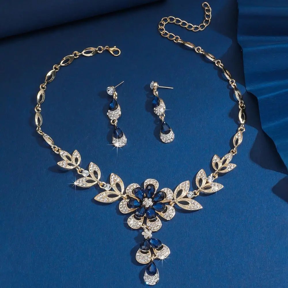 Ensemble de bijoux en cristal brillant pour fête de mariage, 3 pièces, boucles d'oreilles exquises en strass, collier de luxe en or pour femmes