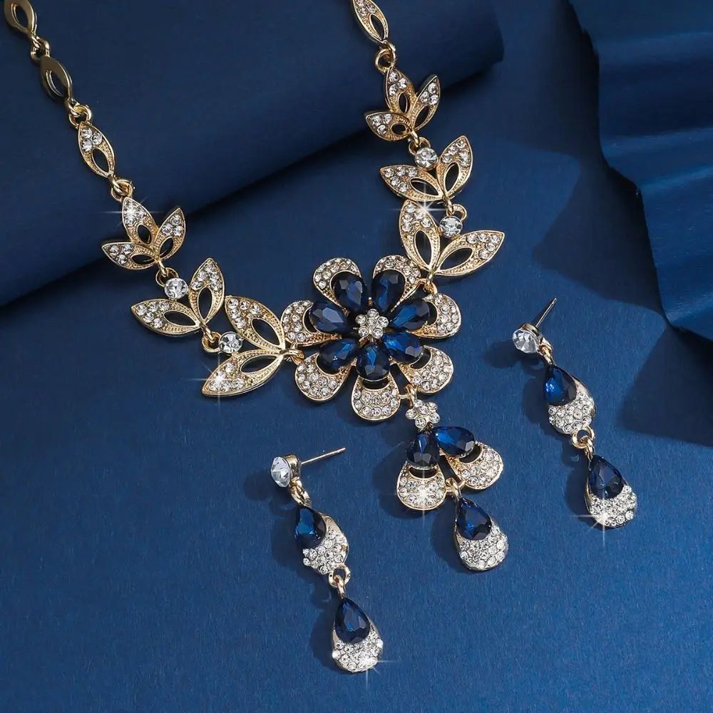 Ensemble de bijoux en cristal brillant pour fête de mariage, 3 pièces, boucles d'oreilles exquises en strass, collier de luxe en or pour femmes