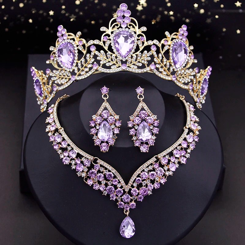 Ensemble de bijoux de mariée couronne violette, diadèmes de mariage de princesse de luxe, ensemble de collier ras du cou, boucles d'oreilles de mariée, bijoux fantaisie, ensembles de dubaï