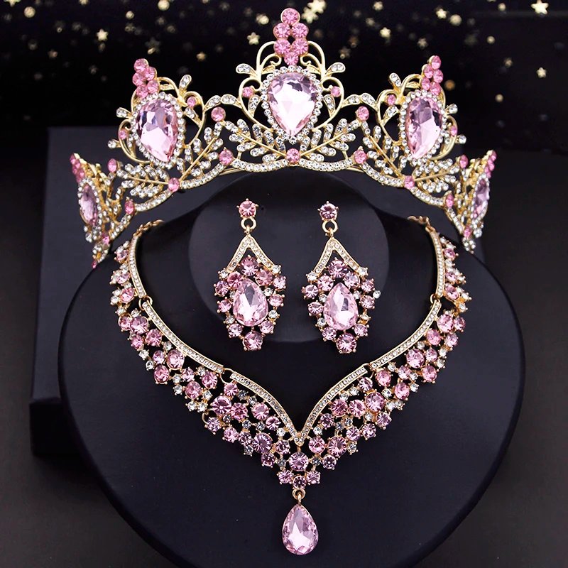 Ensemble de bijoux de mariée couronne violette, diadèmes de mariage de princesse de luxe, ensemble de collier ras du cou, boucles d'oreilles de mariée, bijoux fantaisie, ensembles de dubaï