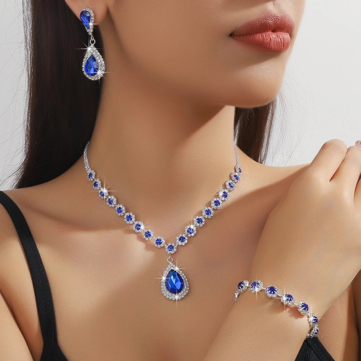 4PC femmes mode goutte d'eau fleur collier boucles d'oreilles Bracelet ensemble de bijoux fête de mariage Festival cadeau-8065