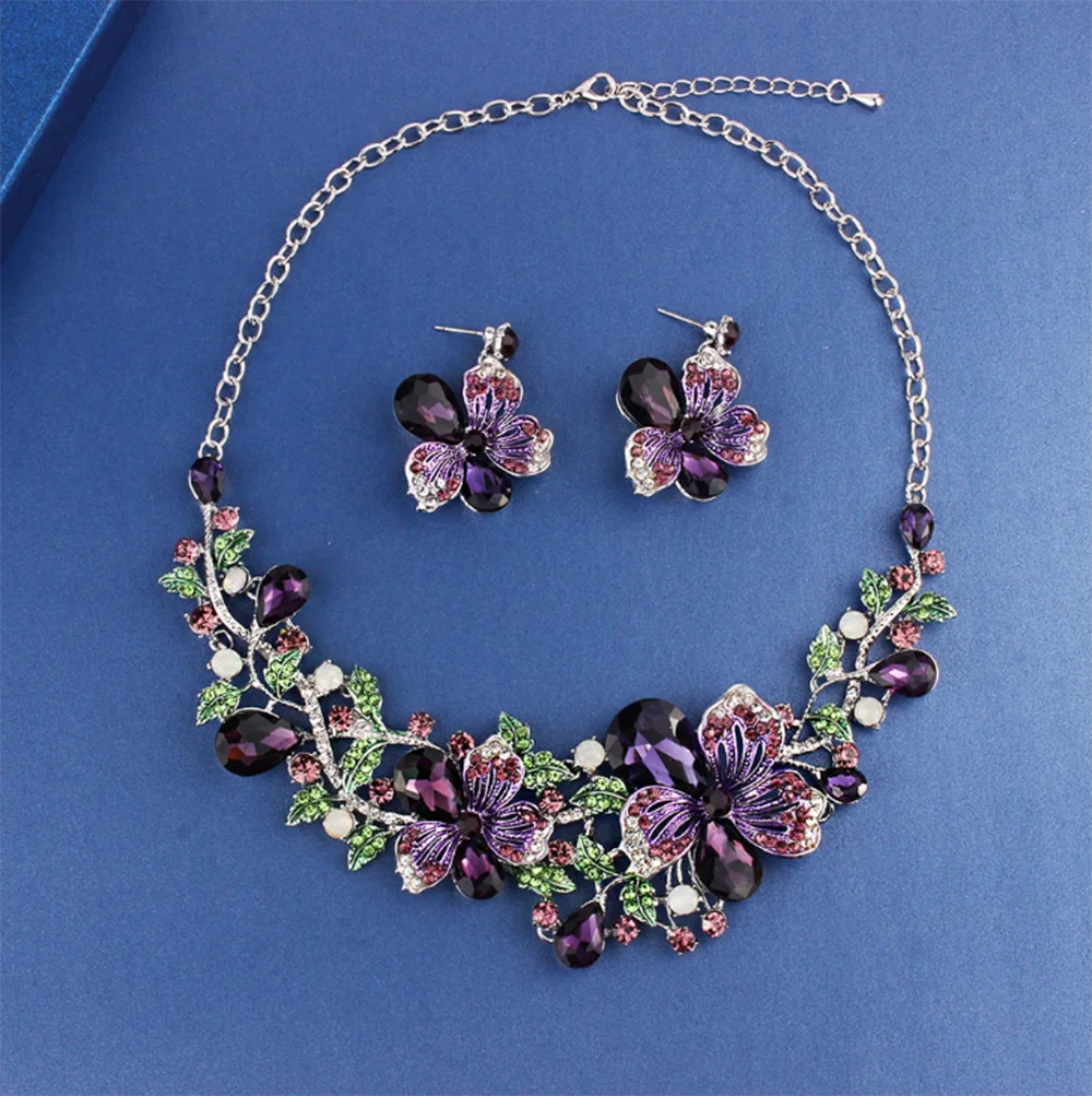 Ensemble de bijoux en cristal à fleurs Bauhinia, boucles d'oreilles multicolores avec collier assorti, collier de mariage, bijoux pour femmes