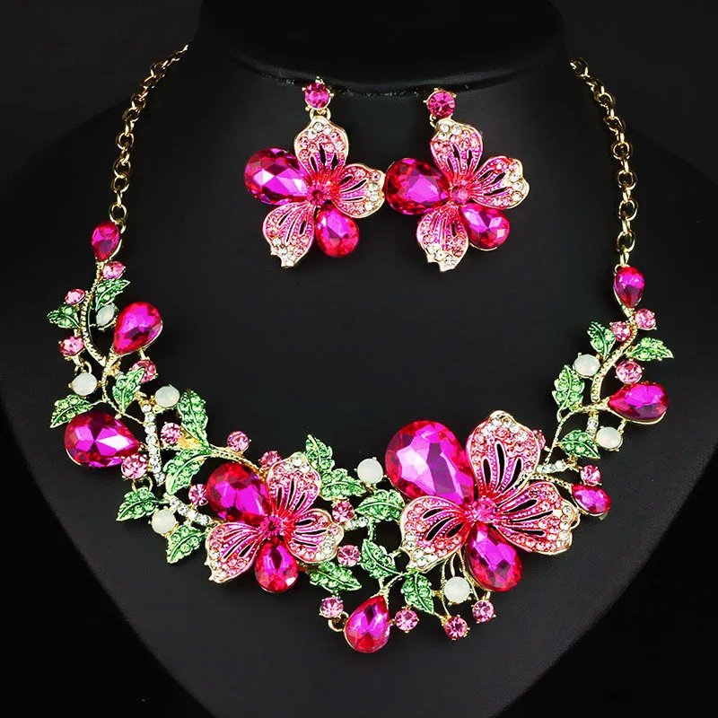 Ensemble de bijoux en cristal à fleurs Bauhinia, boucles d'oreilles multicolores avec collier assorti, collier de mariage, bijoux pour femmes