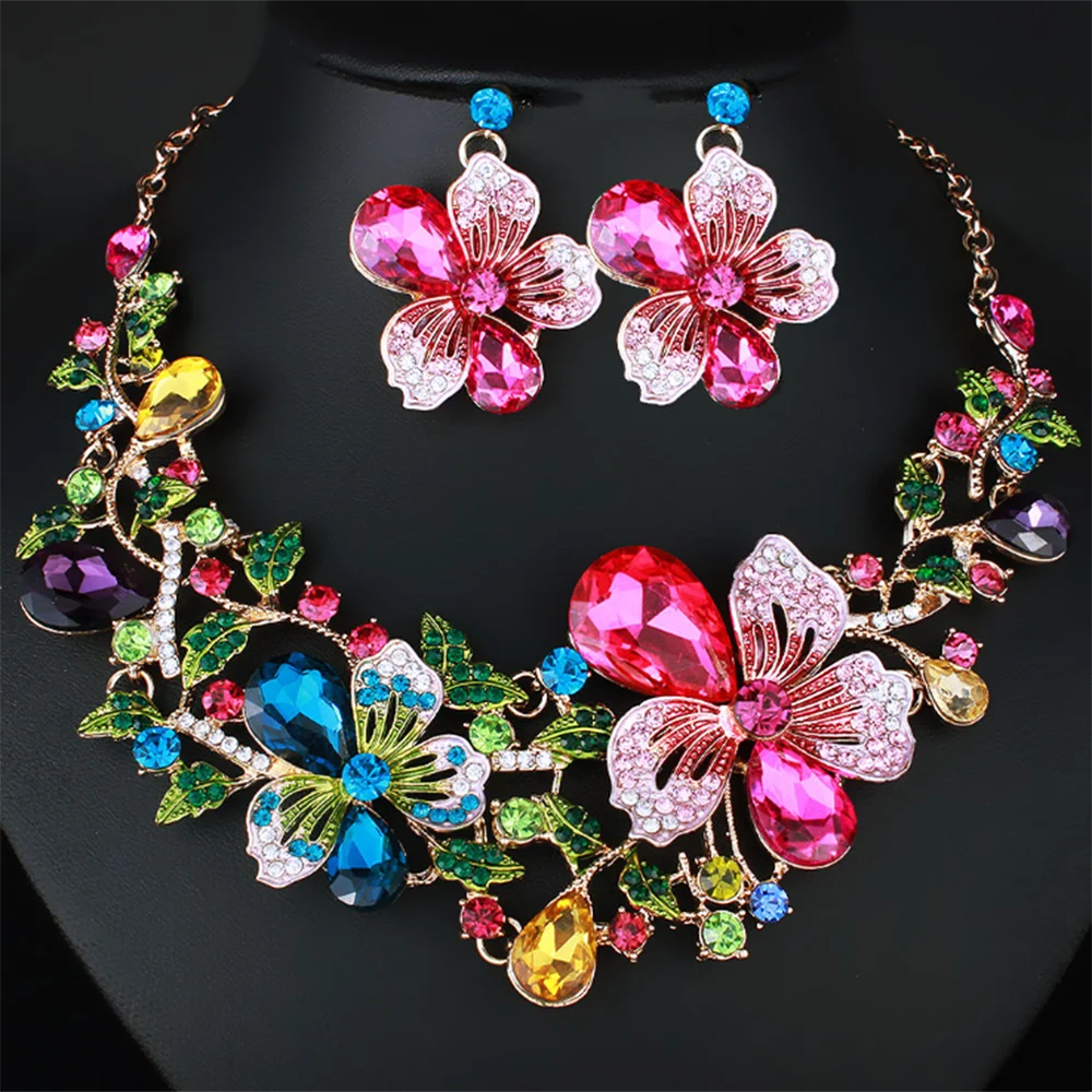 Ensemble de bijoux en cristal à fleurs Bauhinia, boucles d'oreilles multicolores avec collier assorti, collier de mariage, bijoux pour femmes