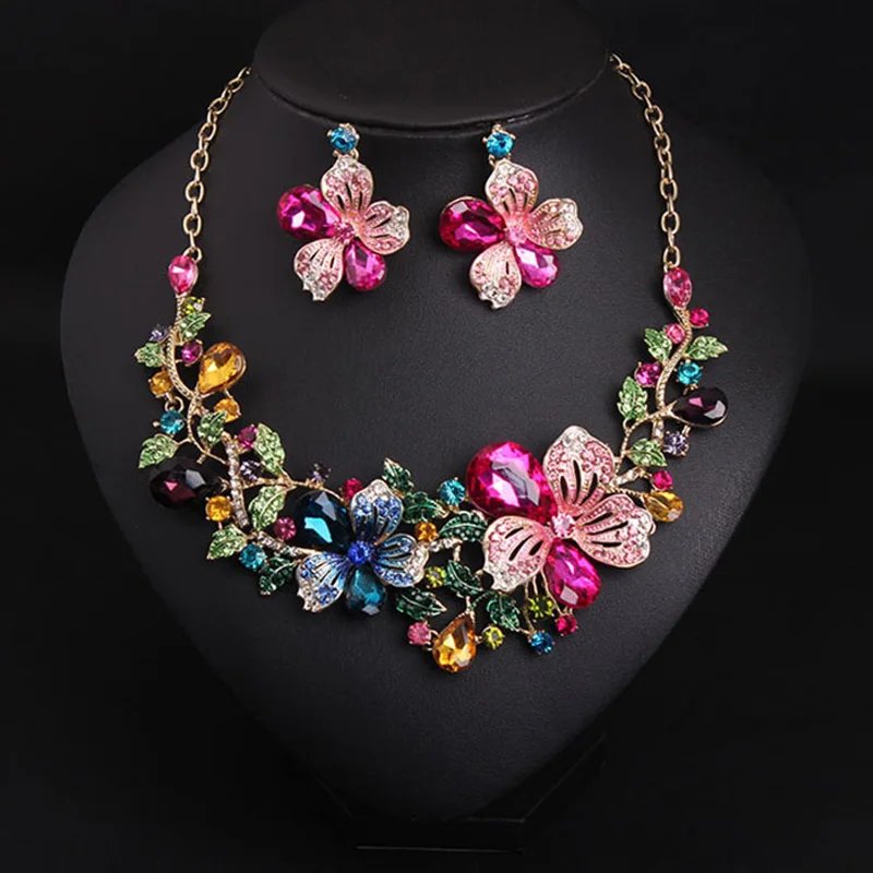 Ensemble de bijoux en cristal à fleurs Bauhinia, boucles d'oreilles multicolores avec collier assorti, collier de mariage, bijoux pour femmes