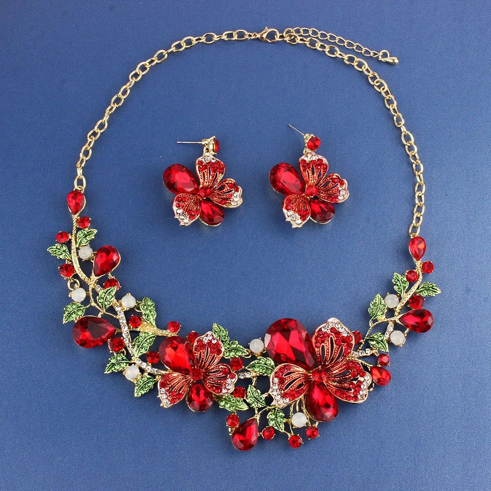 Ensemble de bijoux en cristal à fleurs Bauhinia, boucles d'oreilles multicolores avec collier assorti, collier de mariage, bijoux pour femmes