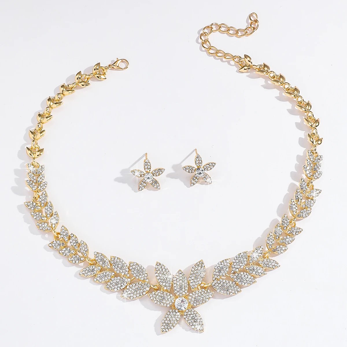 3PC femmes mode strass fleur feuille collier boucles d'oreilles ensemble de bijoux adapté pour mariage, fête, Festival cadeau-8495