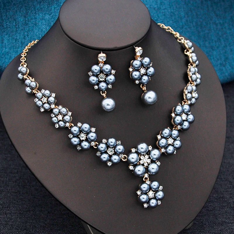 Collier ras du cou en perles pour femmes, boucles d'oreilles fleur, biscuits, gris, luxe, patients, ensembles de bijoux de mariage, accessoires