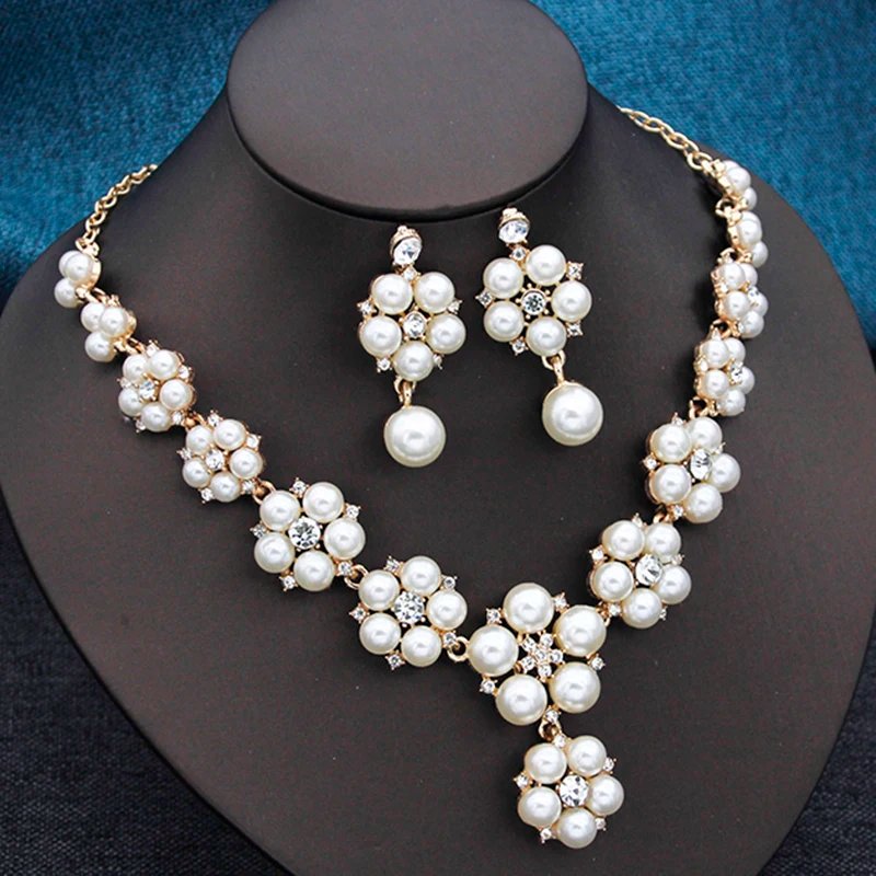 Collier ras du cou en perles pour femmes, boucles d'oreilles fleur, biscuits, gris, luxe, patients, ensembles de bijoux de mariage, accessoires