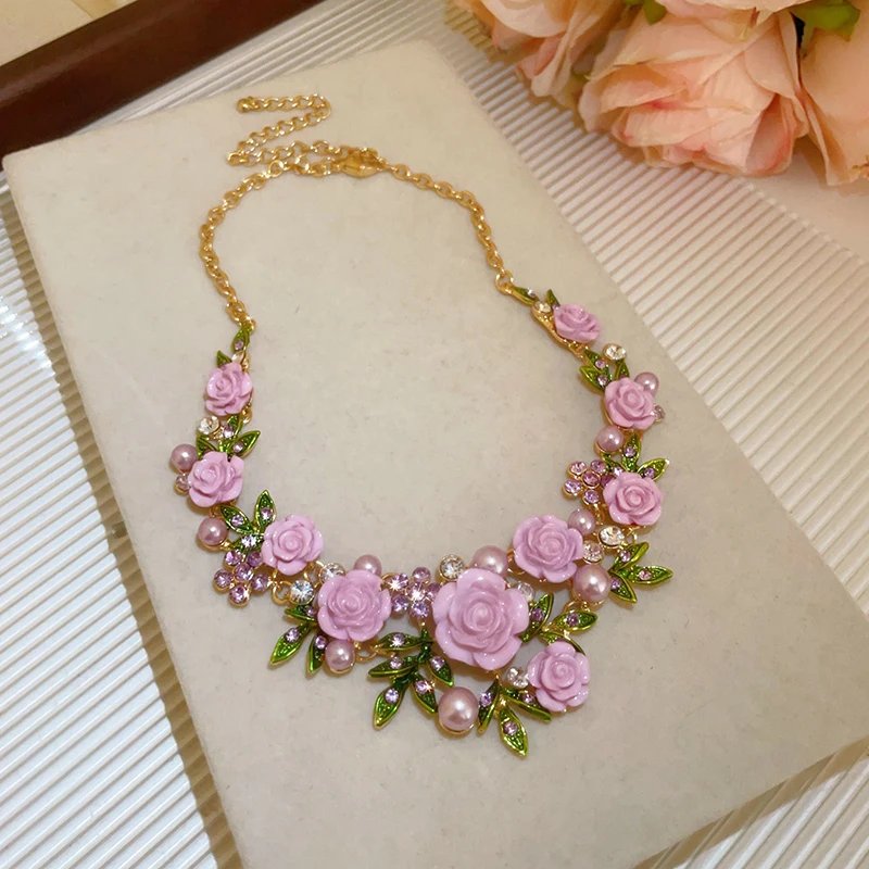 Colliers en résine biscuits goutte d'eau pour femme, fleur de cuir chevelu, perle de verre, colliers de la présidence, bijoux délicats, document rose et violet, 216.239.