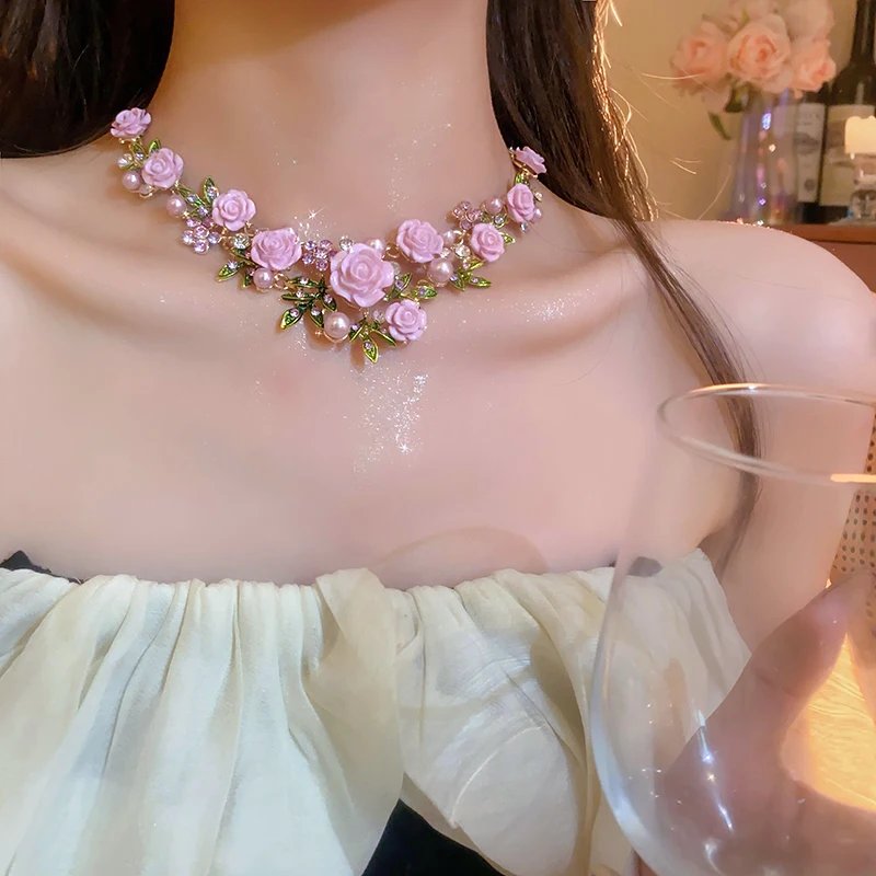 Colliers en résine biscuits goutte d'eau pour femme, fleur de cuir chevelu, perle de verre, colliers de la présidence, bijoux délicats, document rose et violet, 216.239.