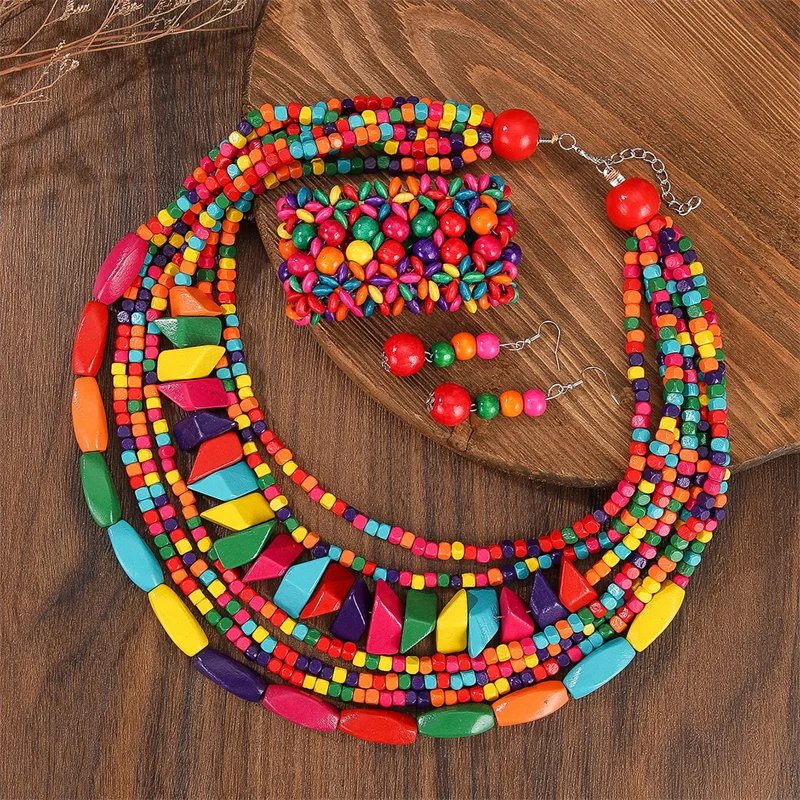 Boho multicouche grand ensemble de bijoux en bois coloré géométrie collier boucles d'oreilles ensembles mariage nigérian indien perles africaines bijoux cadeau