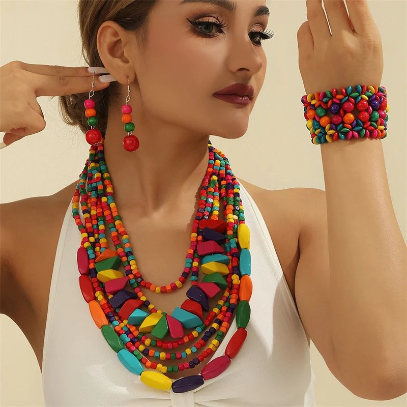 Boho multicouche grand ensemble de bijoux en bois coloré géométrie collier boucles d'oreilles ensembles mariage nigérian indien perles africaines bijoux cadeau