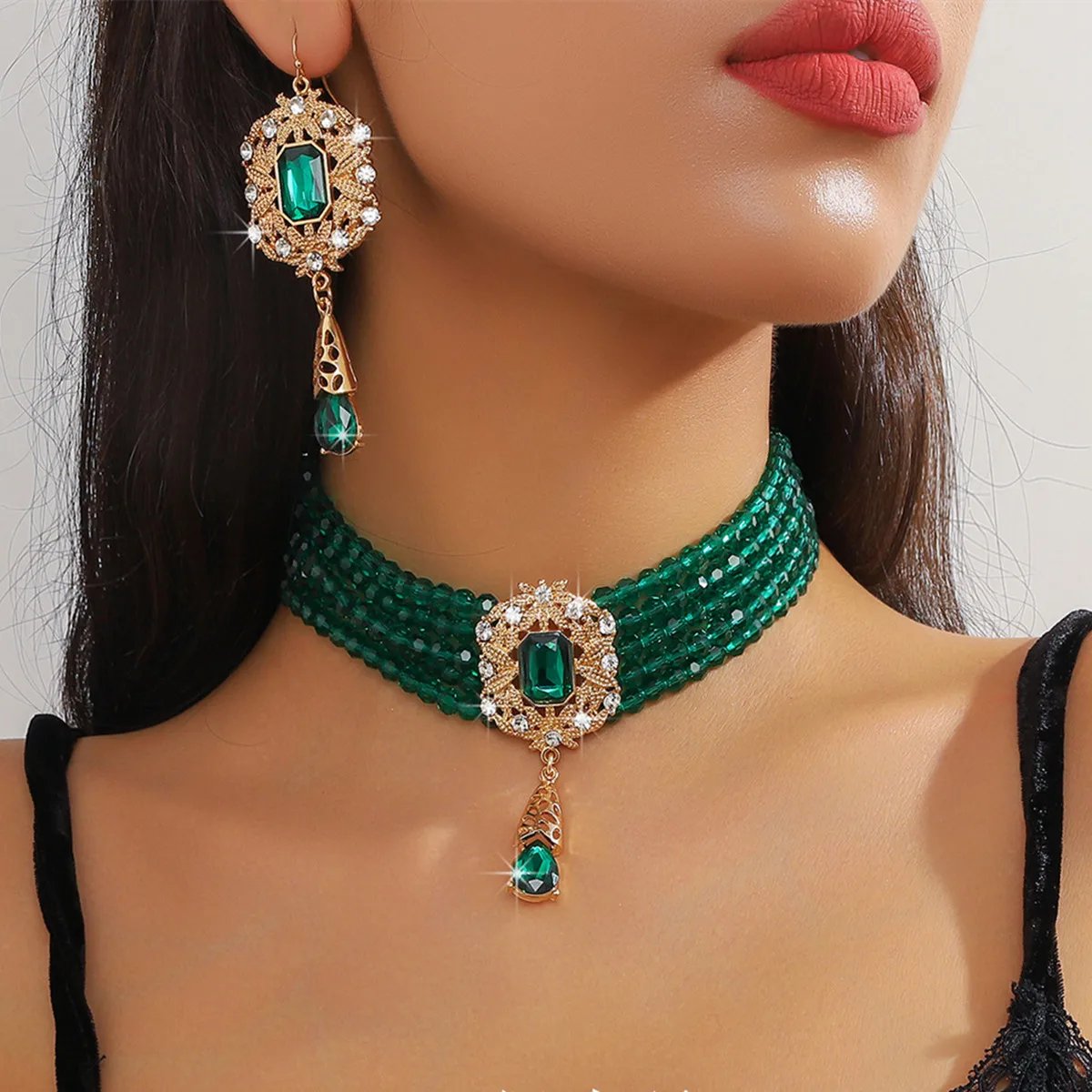 FYUAN Multilayer Green Red Blue Black Crystal Necklace Geometric Hollow Alloy Earrings For Women Weddings Banquet Jewelry Sets