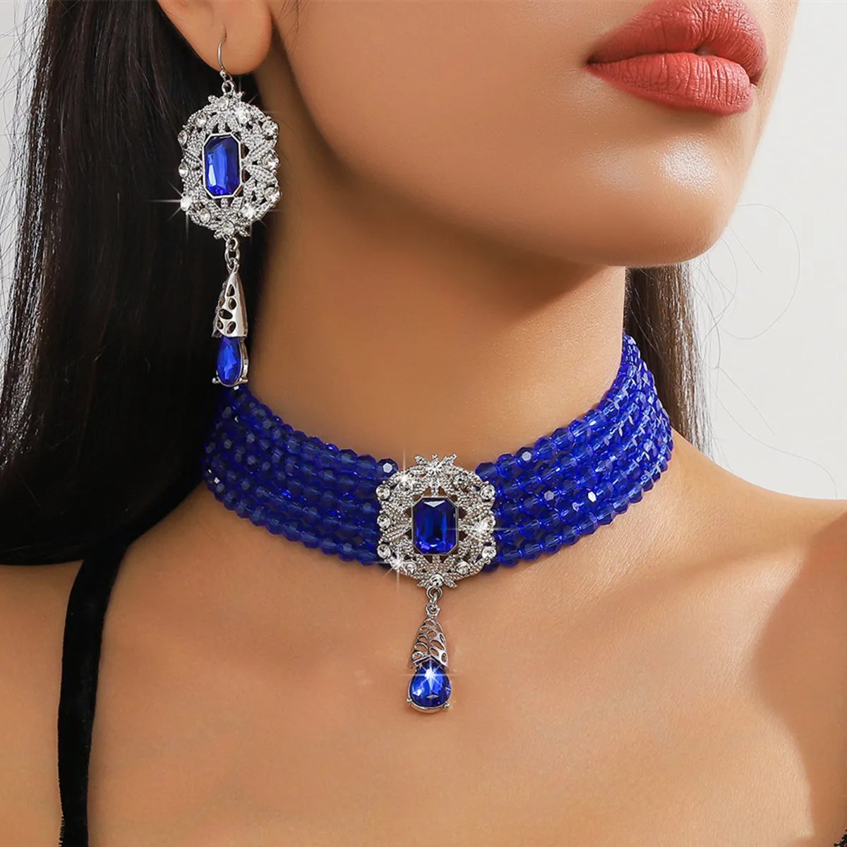 FYUAN Multilayer Green Red Blue Black Crystal Necklace Geometric Hollow Alloy Earrings For Women Weddings Banquet Jewelry Sets