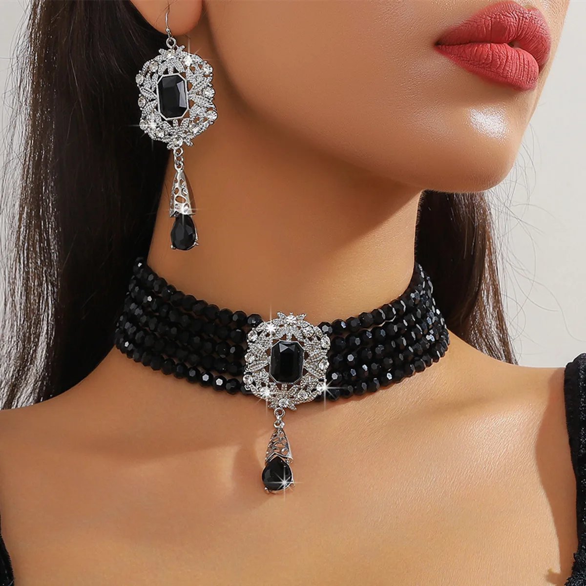 FYUAN Multilayer Green Red Blue Black Crystal Necklace Geometric Hollow Alloy Earrings For Women Weddings Banquet Jewelry Sets