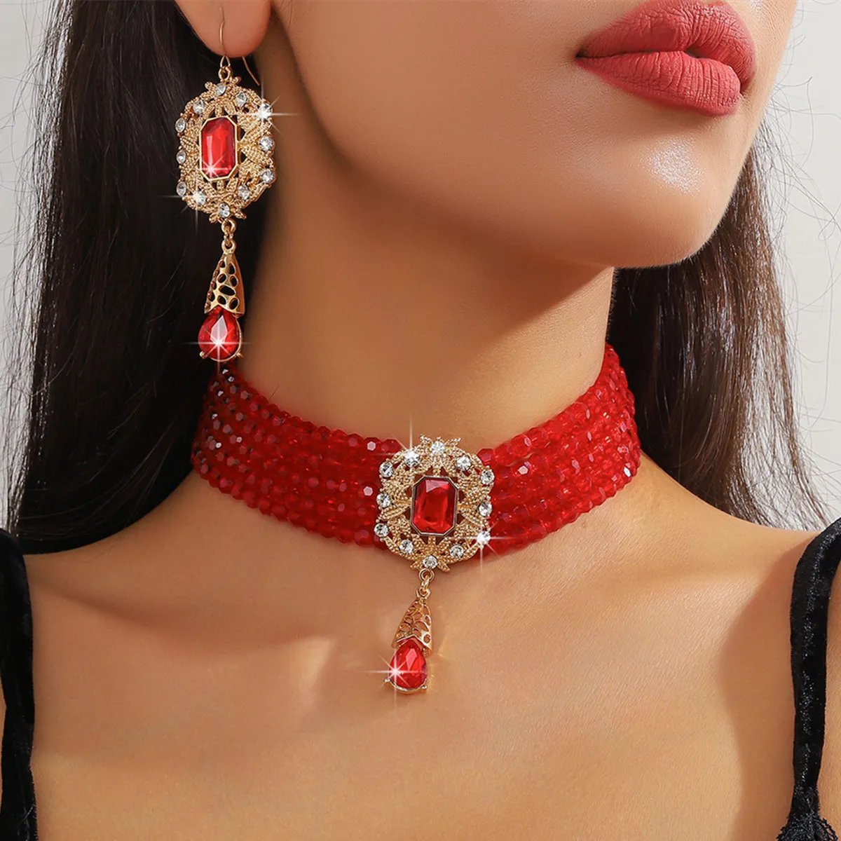 FYUAN Multilayer Green Red Blue Black Crystal Necklace Geometric Hollow Alloy Earrings For Women Weddings Banquet Jewelry Sets