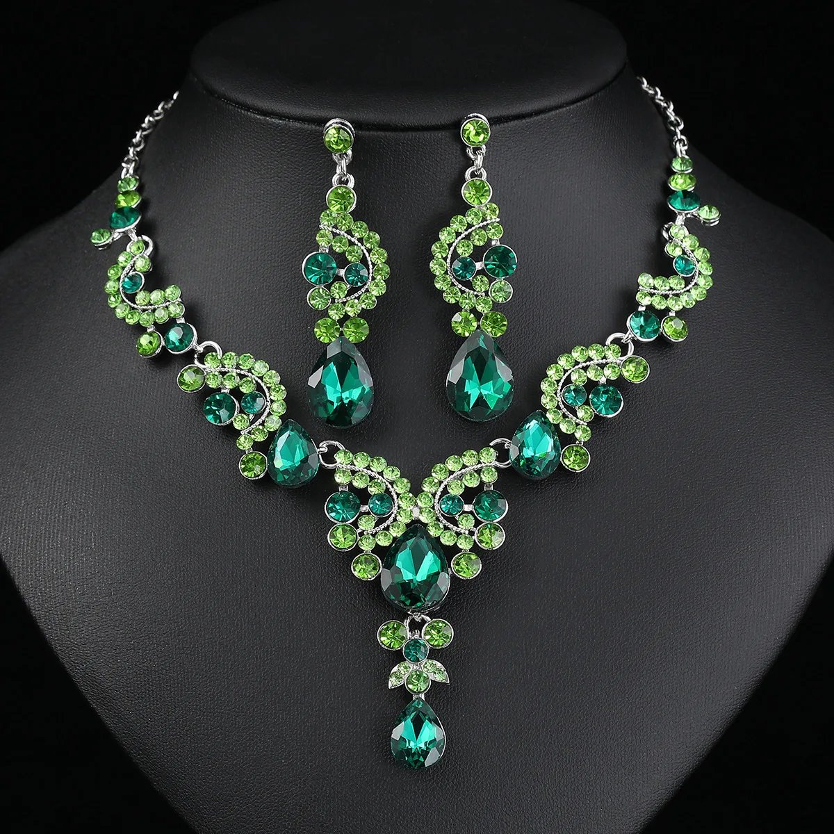 2 pièces/ensemble ensembles de bijoux femmes bleu élégant goutte d'eau strass pendentif collier boucles d'oreilles robe de mariée ensemble de bijoux de mariée