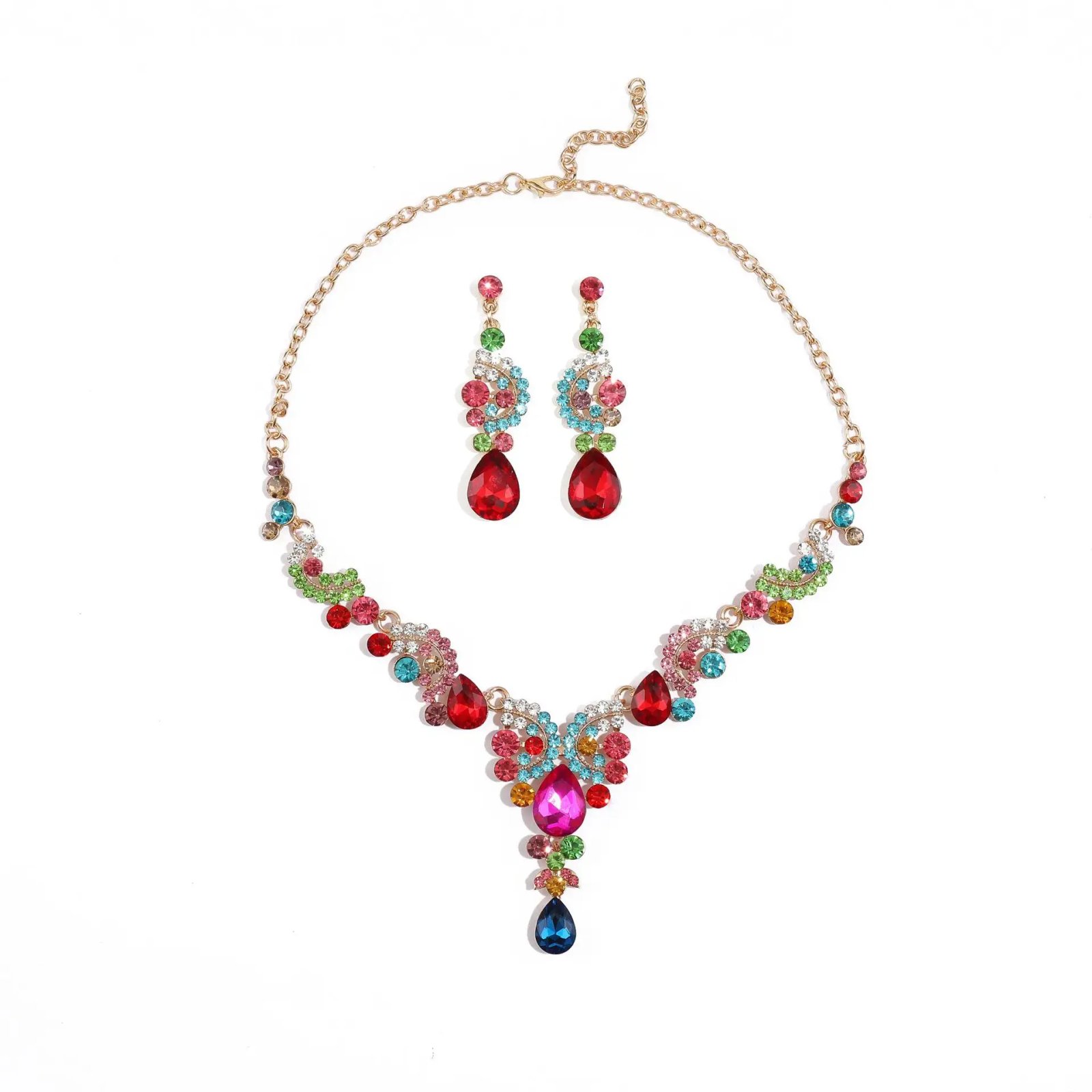 2 pièces/ensemble ensembles de bijoux femmes bleu élégant goutte d'eau strass pendentif collier boucles d'oreilles robe de mariée ensemble de bijoux de mariée