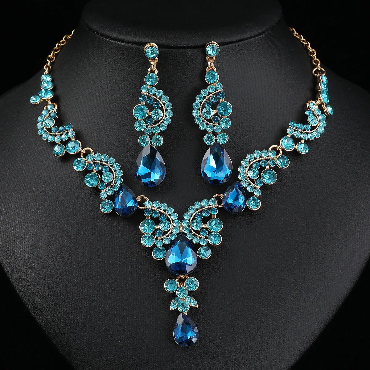 2 pièces/ensemble ensembles de bijoux femmes bleu élégant goutte d'eau strass pendentif collier boucles d'oreilles robe de mariée ensemble de bijoux de mariée