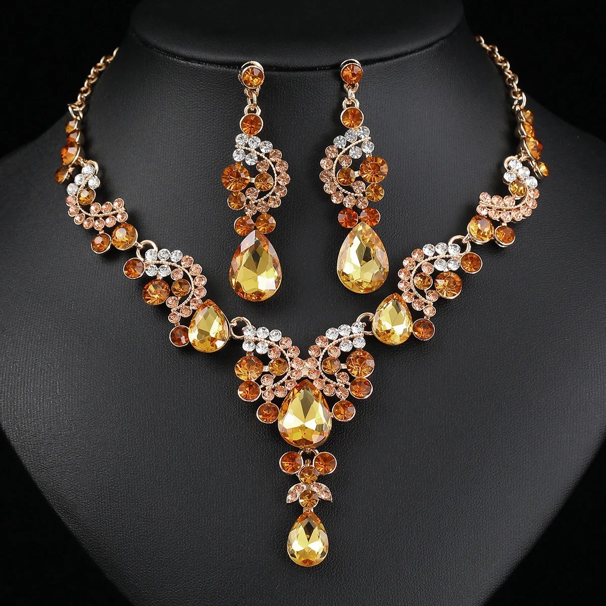 2 pièces/ensemble ensembles de bijoux femmes bleu élégant goutte d'eau strass pendentif collier boucles d'oreilles robe de mariée ensemble de bijoux de mariée