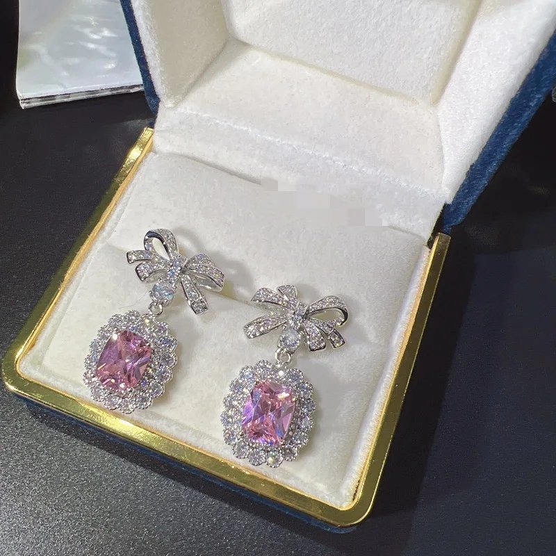 Ensemble de bijoux en diamant rose de laboratoire avec nœud papillon, or blanc 14K, boucles d'oreilles de fiançailles, collier pour femmes, cadeau de promesse de mariée