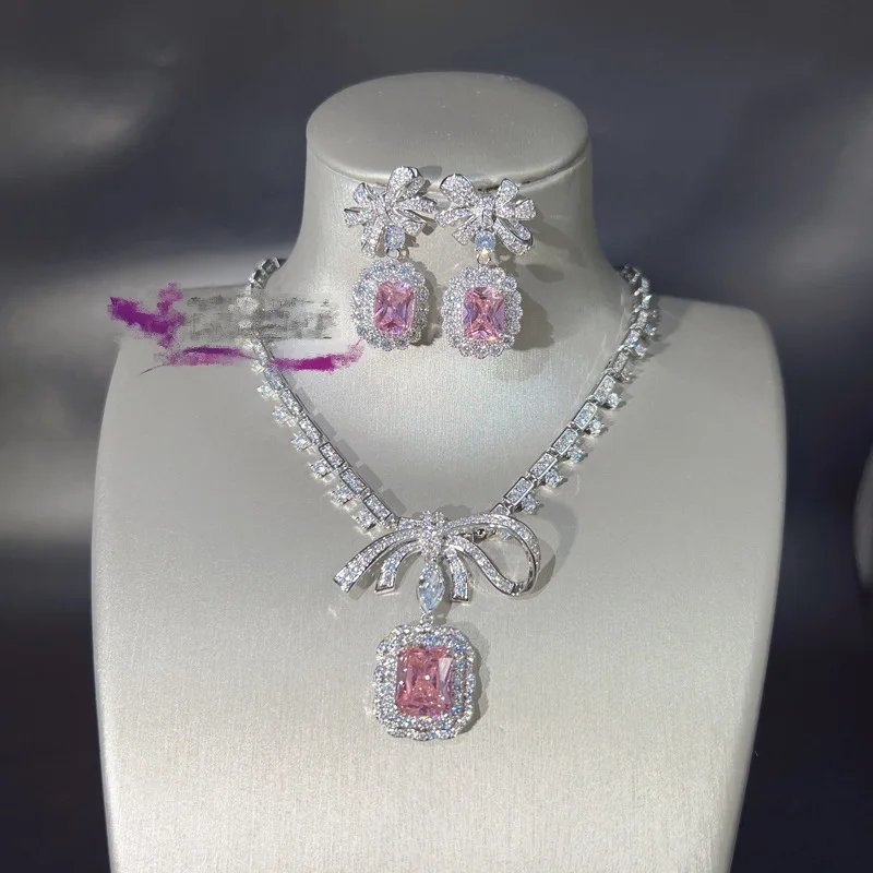Ensemble de bijoux en diamant rose de laboratoire avec nœud papillon, or blanc 14K, boucles d'oreilles de fiançailles, collier pour femmes, cadeau de promesse de mariée