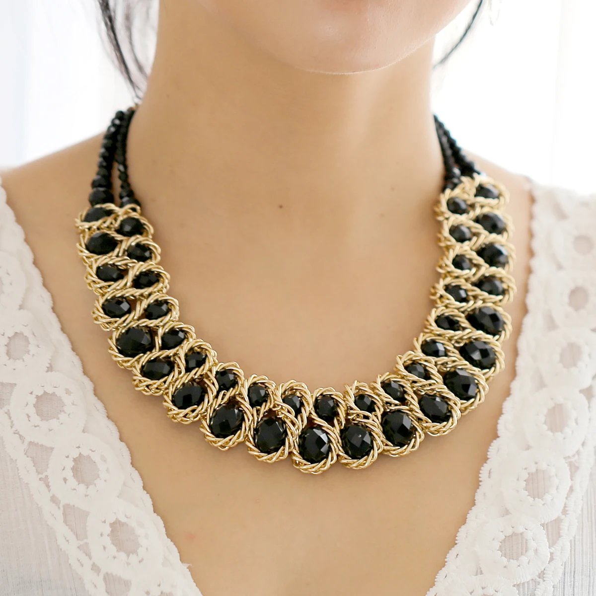 Ensembles de bijoux en perles de verre brillantes pour femmes, tour de cou ogo, collier et boucles d'oreilles, accessoire de fête de document en or