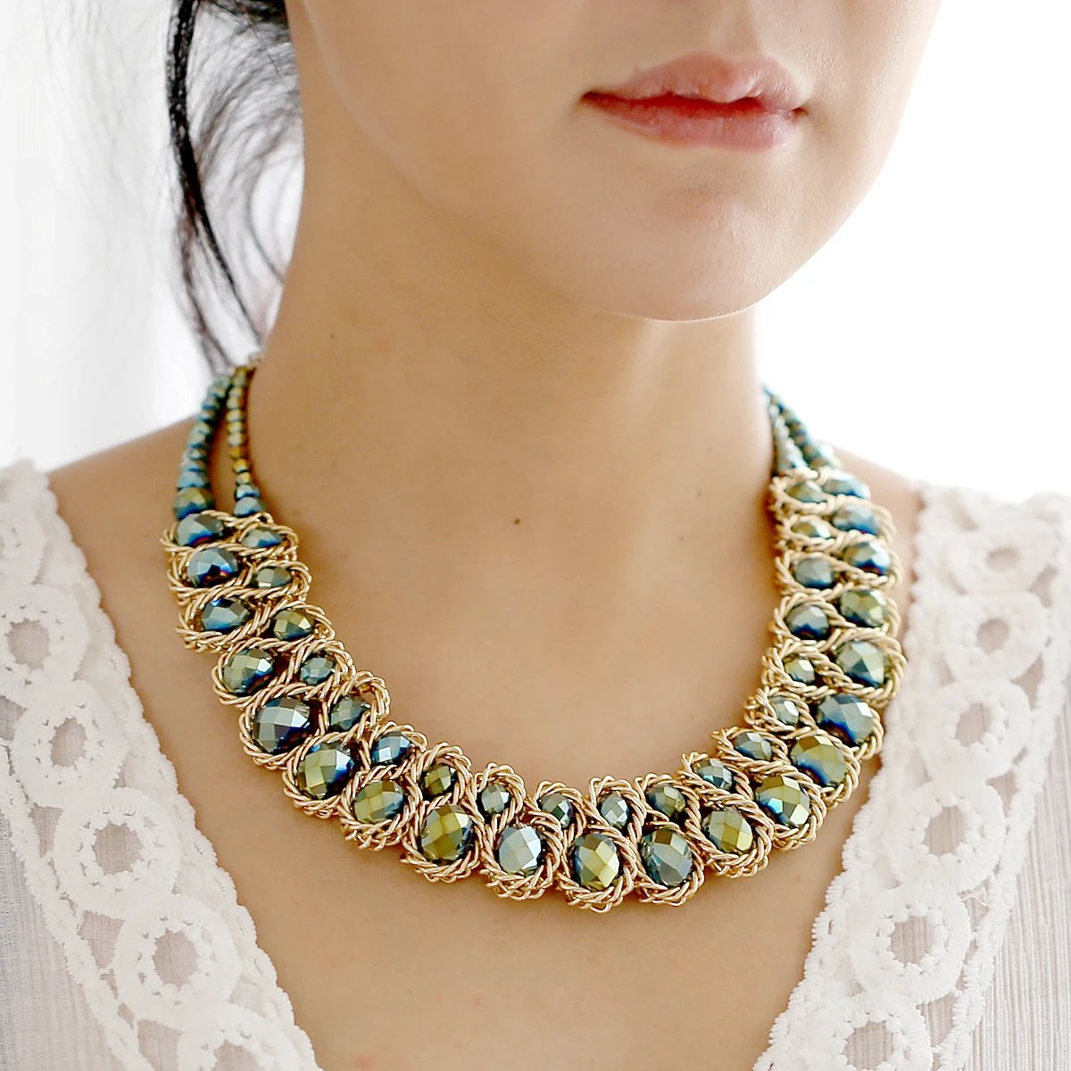 Ensembles de bijoux en perles de verre brillantes pour femmes, tour de cou ogo, collier et boucles d'oreilles, accessoire de fête de document en or