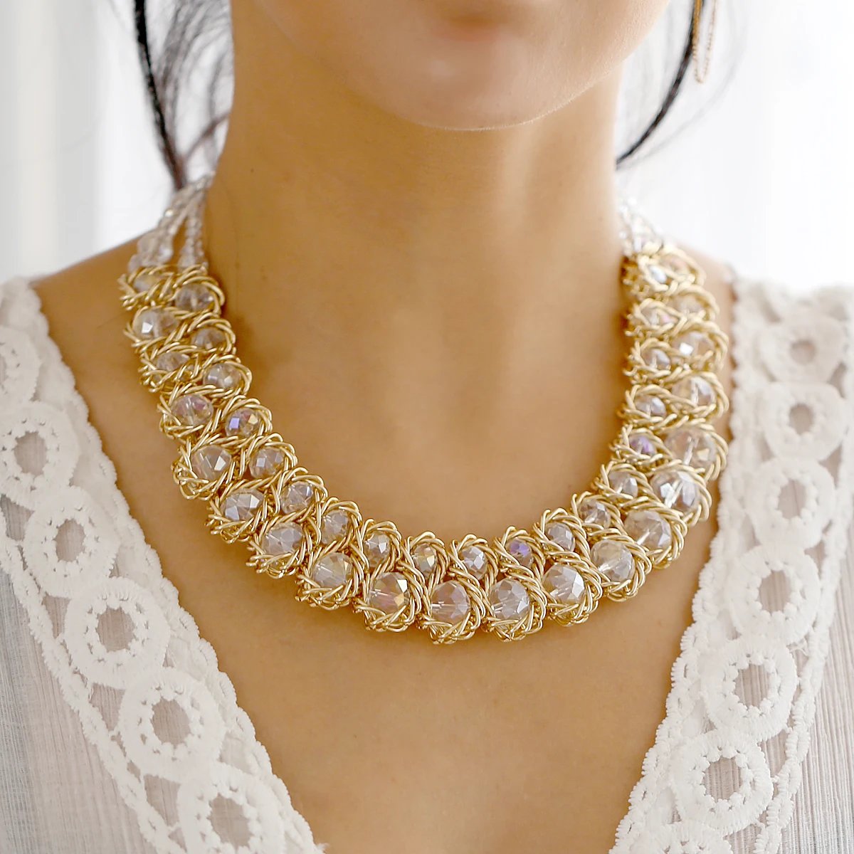 Ensembles de bijoux en perles de verre brillantes pour femmes, tour de cou ogo, collier et boucles d'oreilles, accessoire de fête de document en or