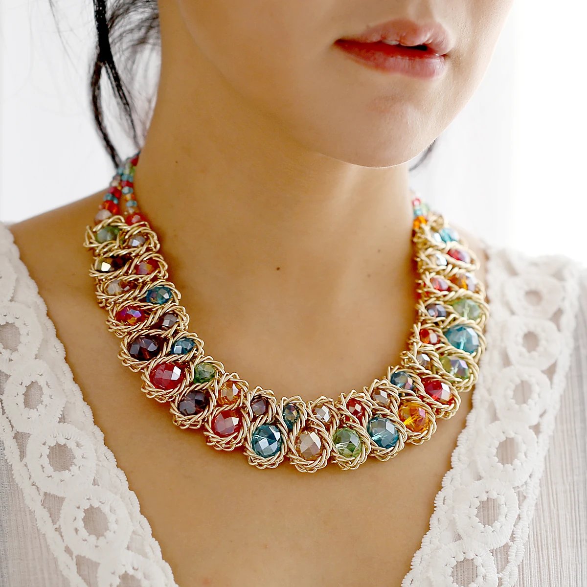 Ensembles de bijoux en perles de verre brillantes pour femmes, tour de cou ogo, collier et boucles d'oreilles, accessoire de fête de document en or