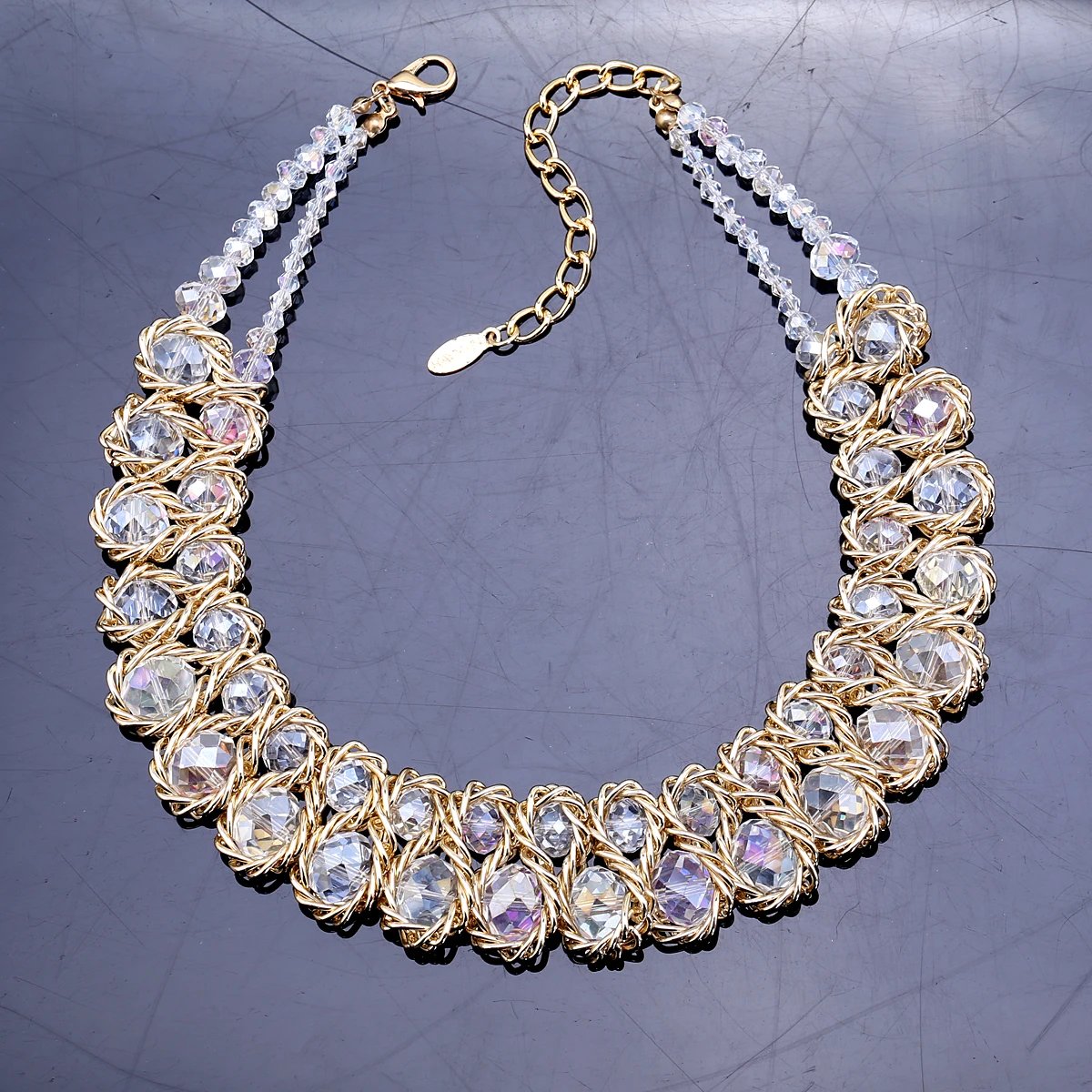 Ensembles de bijoux en perles de verre brillantes pour femmes, tour de cou ogo, collier et boucles d'oreilles, accessoire de fête de document en or