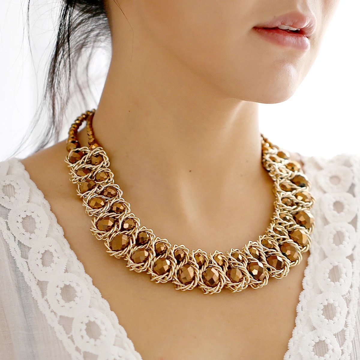 Ensembles de bijoux en perles de verre brillantes pour femmes, tour de cou ogo, collier et boucles d'oreilles, accessoire de fête de document en or