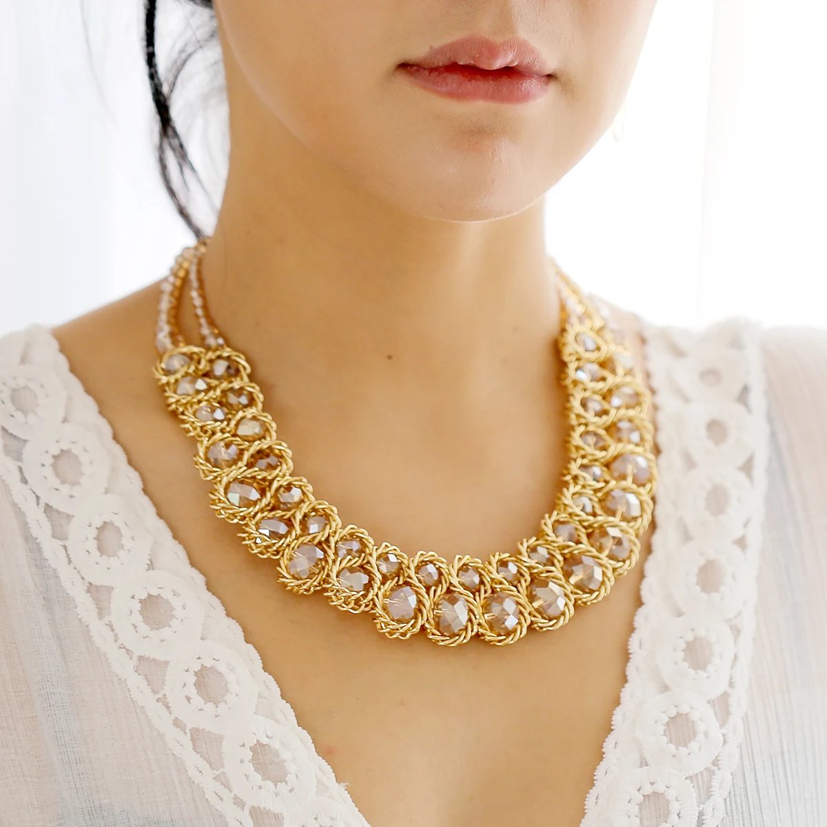 Ensembles de bijoux en perles de verre brillantes pour femmes, tour de cou ogo, collier et boucles d'oreilles, accessoire de fête de document en or