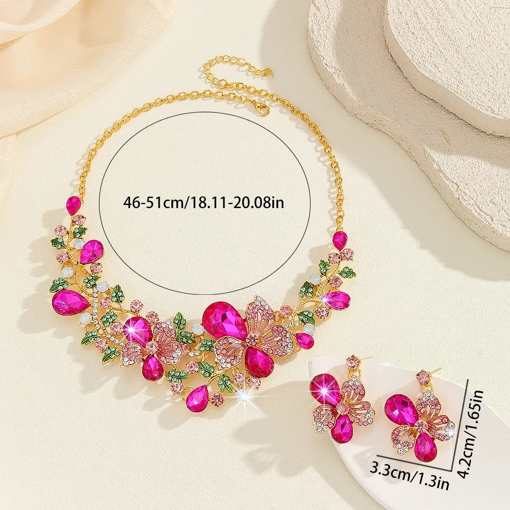 KMVEXO luxe fleur cristal collier boucles d'oreilles ensemble coloré Rose rouge collier pour les femmes mariages fête bijoux ensembles accessoires