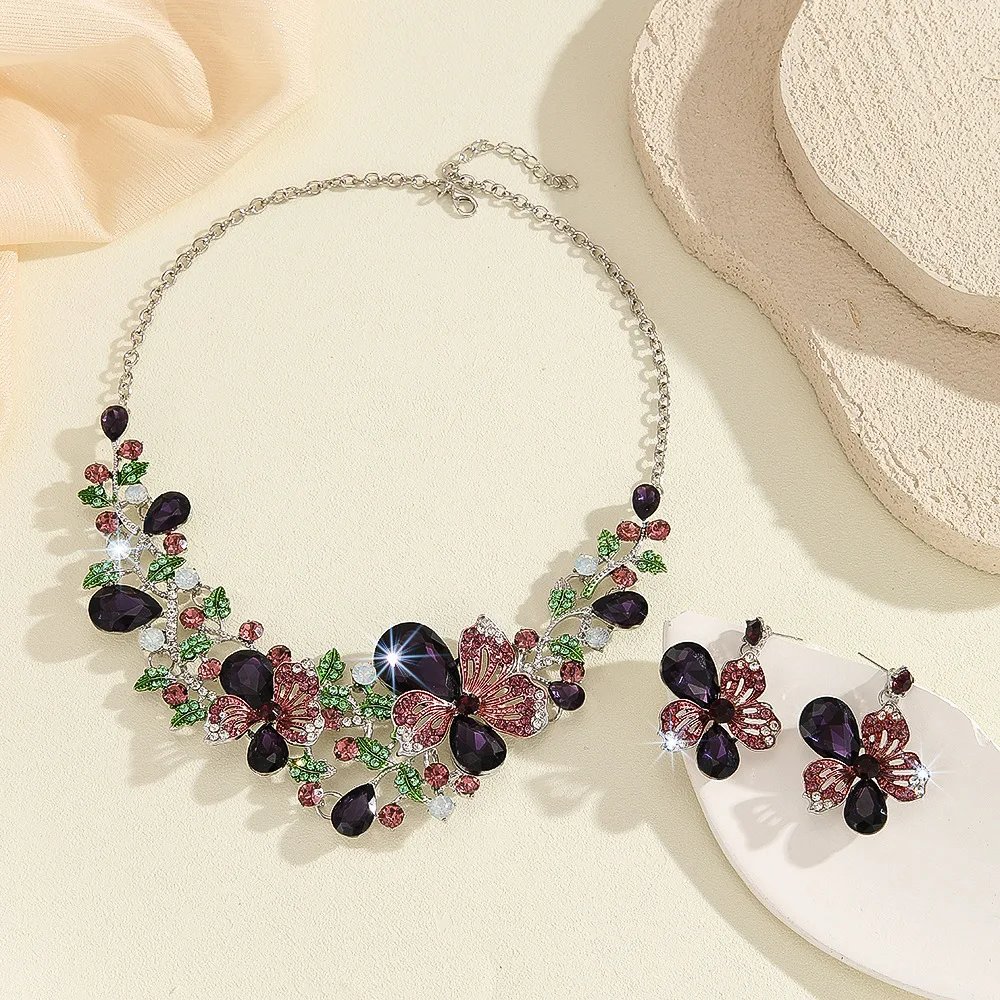 KMVEXO luxe fleur cristal collier boucles d'oreilles ensemble coloré Rose rouge collier pour les femmes mariages fête bijoux ensembles accessoires