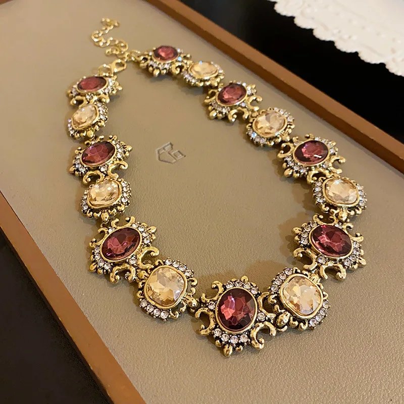 Collier Vintage en strass violet pour femmes, boucles d'oreilles pendantes, Style palais, collier rond géométrique, ensembles de bijoux pour dames