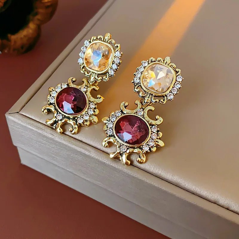 Collier Vintage en strass violet pour femmes, boucles d'oreilles pendantes, Style palais, collier rond géométrique, ensembles de bijoux pour dames